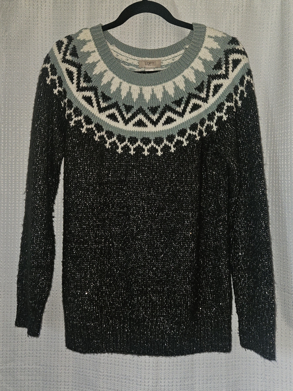 0LOFT Black Glitter Fair Isle Crewneck Sweater with Blue And Off White Sz Small